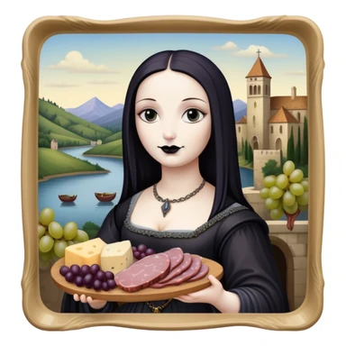  goth mona lisa with SPAM MEAT charcuterie and fruit tray renaissance landscape sticker