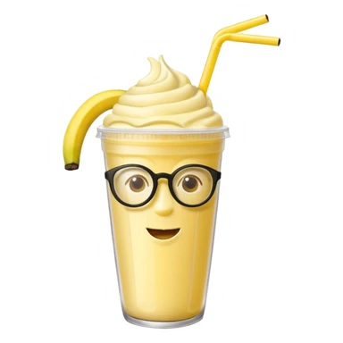banana milkshake in a take-out cup with glassess and long lashes and banana on top sticker
