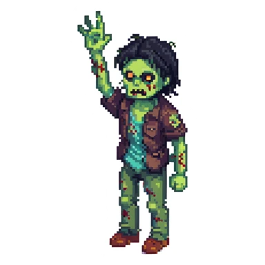 isometric zombie with one arm raised in the air and messy black hair sticker