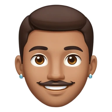 Apple-style cartoon emoji of a floating head only, young man with medium brown skin, mixed-race ethnicity, long dark brown hair with PERFECT MIDDLE PART exactly centered, mustache separated from goatee, medium brown eyes, small diamond stud earrings, absolutely no neck or shoulders visible sticker