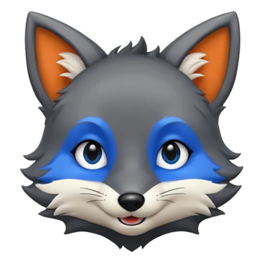 Grey anthropomorphic furry fox with a black coat, blue eyes, and a small fringe of black hair, smiling sticker