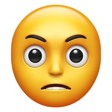 modern 3D emoji with a yellow face, surprised and skeptical. Feature glossy white eyes with black pupils, only the left eyebrow raised, and a 3D-carved straight mouth. Add a yellow-to-orange gradient, glossy metallic finish. Use soft volumetric lighting sticker