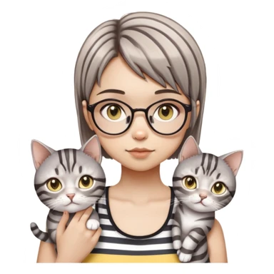 a girl with round glasses holding two gray striped cats. The girl has a short brown bob haircut and is wearing a dark tank top. The cats are silver tabby with bright yellow eyes. The overall style is cute and soft, resembling digital art or anime-style character design. The illustration depicts the close relationship between a person and their pet, with the girl gently cradling her cat.​​​​​​​​​​​​​​​​ sticker