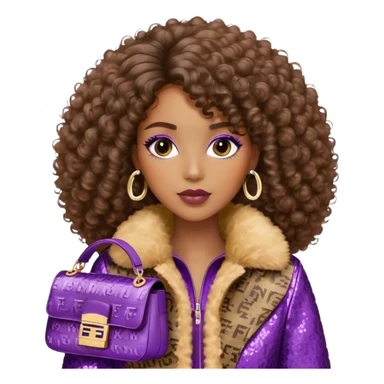 Beautiful black woman with curly hair. She is wearing a brown monogram Fendi jacket with a fur trim. She is carrying a Fendi Baguette
Purple sequined bag. I want the image close up. The jacket is not purple.  sticker