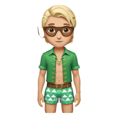 elf male legolas portrait, patterned board shorts (geometric/abstract), unique wooden-framed sunglasses, undercut hairstyle, slight smirk, visible pointy ears, no background, centered emoji, hipster summer vibe sticker