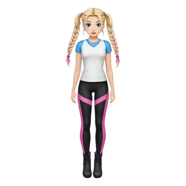 Beauty with blonde balayage and pink highlights long hair half braids with blue eyes wear White sexy top and black Leggins and Boots with heels sticker