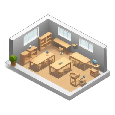 isometric square solid outline border containing indoor creative workshop handmade woodworking factory people actively working cnc machine tools simple clean industrial brutalist sticker