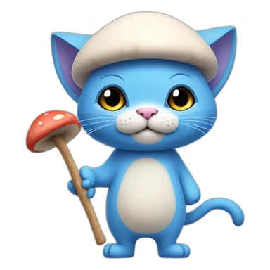  Cute Blue Cat NO ears wearing a mushroom cap carrying a stick in one arm standing on two legs no hair  sticker