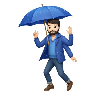 A dark-haired boy with a white beard dancing with an umbrella in the rain sticker