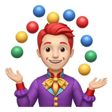 circus juggler portrait, head and shoulders only, colorful outfit collar, playful grin, juggling balls visible near shoulders, 3D cartoon, mobile game icon style, clean background, no text, no watermark
 sticker