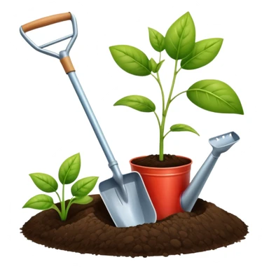 An icon featuring a shovel, a plant symbolizing agronomy. The design includes crops, a field, and a watering can, representing the science of soil management, crop production, and sustainable farming. Transparent background highlights agricultural research and growth. sticker