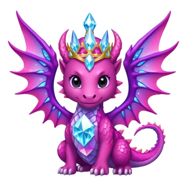 cute pink crystal dragon queen, diamond crown, shimmering crystal wings, glowing pink and purple aura, magical sparkles, epic kawaii fantasy style, strong glow, bold outline, transparent background, twitch badge sticker