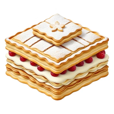 Cinematic Realistic Mille-Feuille Dessert Emoji, depicted as layered puff pastry with rich cream and a dusting of powdered sugar rendered with intricate textures and elegant, soft lighting. sticker