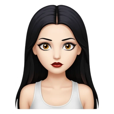 White woman with a white tank top long black hair glossy middle part straight long hair vamp look  brown eyes eyeliner winged with lashes top and bottom white border big lips black eyebrows sticker