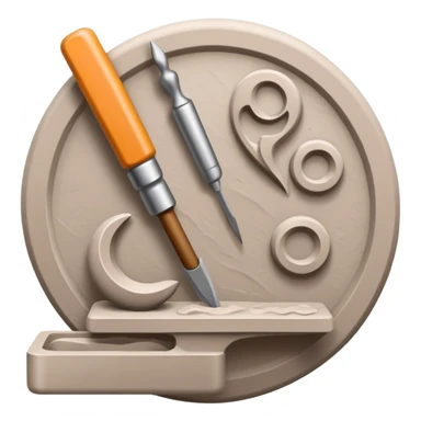 Icon for sculpting, with sculpting tools, sculpture in progress on a textured surface, minimalistic style, clean lines, transparent background. sticker