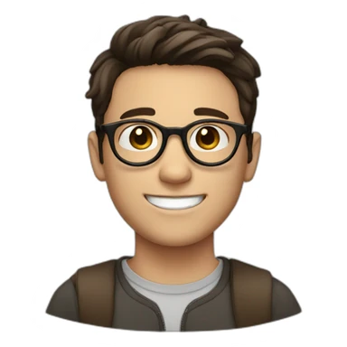 white boy with dark brown hair with circle brown glasses and a smile sticker