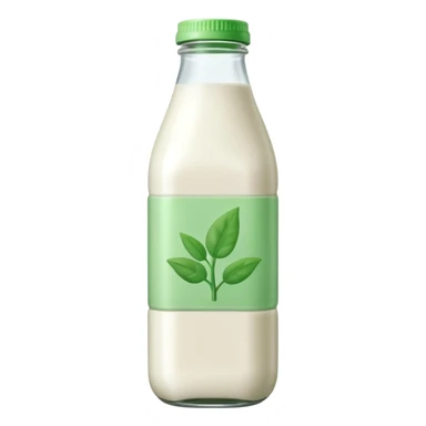 A 3D cartoon bottle of plant-based milk identical to dairy milk, small green tint or leaf mark, Memoji-style. sticker