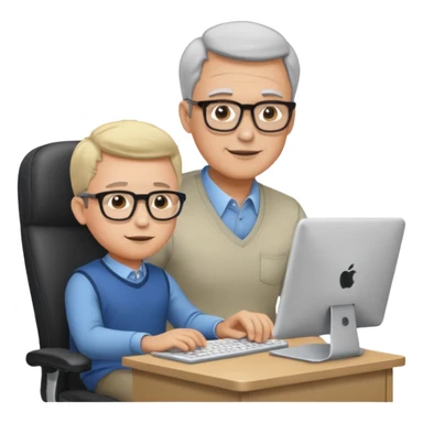 Middle aged man with glasses working at his desk, with his child sitting behind him on the head rest of his chair looking at his computer sticker