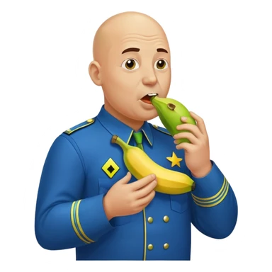 bald a bit fat man in a blue uniform eats a toxic green radioactive banana sticker