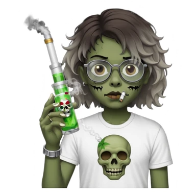 brown short wavy haired zombie getting stoned with weed t shirt and bong on his hand and wearing black chrome hearts bifocals sticker