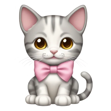 silver gray and white and cream color tabby cat kitten wearing a pink bow sticker