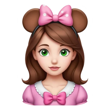 Brown hair girl with green eyes wearing Minnie Mouse ears with a pink bow sticker