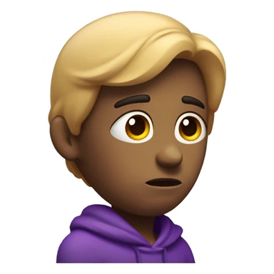 A sad 3D character with slouched shoulders, a downcast gaze, and a frown. Teardrops on the face, with a purple color theme emphasizing the melancholic mood, as if in a portrait photo sticker