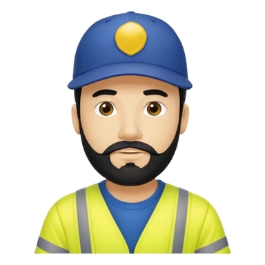 Man in yellow hi vis overalls, with black hair and full beard, wearing a dark blue baseball cap  sticker