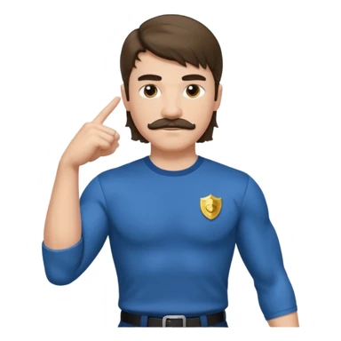generate an ios genmoji of a 20 year old boy with shoulder length hair and a mullet. cop mustache. BIG biceps and wearing a full sleeve tshirt that fits his biceps sticker
