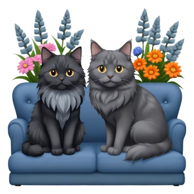 A black smoke Maine Coon cat with long gray ear tufts and a large gray ruff, and a thick blue British Shorthair cat, sitting together on a couch. A cozy room with flowers in the background. Transparent background. sticker