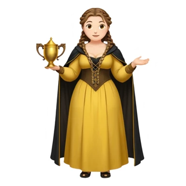 Helga Hufflepuff,brown-haired,2 braids,yellow-black medieval open dress,deep neckline,fat macromastia,black cloak decorated with gold braiding,gold cup with two handles,very kind smile,curvy busty sweet woman,round rosy cheeks,full length with medieval shoes sticker