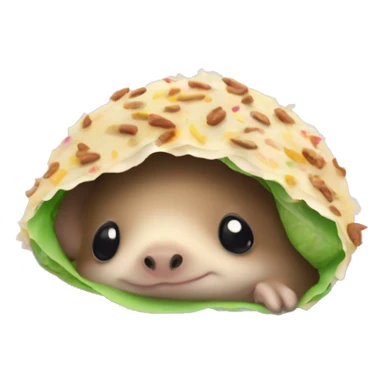 Baby hedgehog hiding inside a burrito eating rainbow sprinkles and kissing a frog sticker
