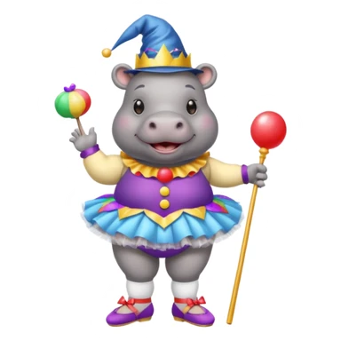 Hippo with a clown nose, a wizard hat, a ballerina tutu, a bikini, sandels and white socks  sticker
