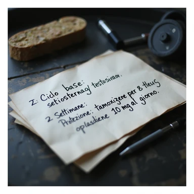 Close-up of a handwritten sheet on a gym desk with the protocol: 'Ciclo base: testosterone enantato 250 mg/settimana per 8 settimane. Protezione: tamoxifene 10 mg al giorno.' Hyperrealistic style, 4K details, professional atmosphere. sticker