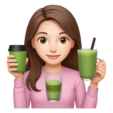 happy white long brunette hair girl with hazel eyes wearing light pink who is holding matcha sticker