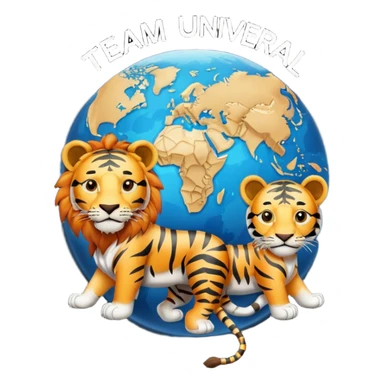 Un mundo al centro con un león a su lado izquierdo y un tigre al lado derecho y en el medio escrito "TEAM UNIVERSAL" sticker