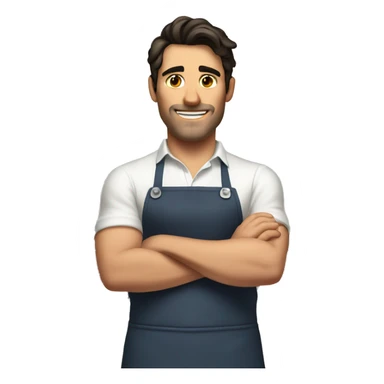 Handsome strong white man with dark hair in kitchen with apron sticker