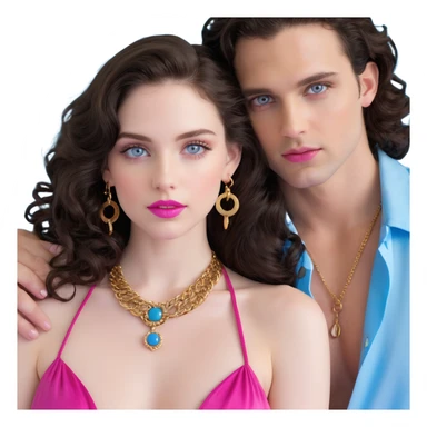 attractive couple embracing in romantic pose, woman with big blue-grey eyes, long lashes, pale skin, pink lips, long voluminous dark brown curls, gold hoop earrings, revealing silky halter top close to handsome man with intense blue-grey eyes, chiseled features, pale skin, confident smirk, dark brown styled hair, gold chain, revealing open shirt, faces close together sticker