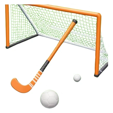 field hockey stick and ball on vibrant green grass field with goalposts sticker