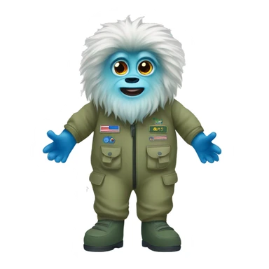 A yeti with big eyes wearing a khaki green flight suit with blue hands and feet sticker