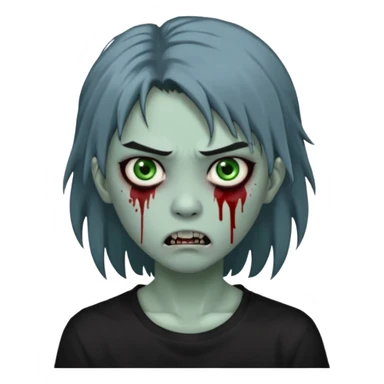 3D emoji-style avatar with very pale blue-grey zombie skin, dark brown hair, a young Asian face, and large green eyes with blood tears. Give it white litle bit messy mullet hair style , silver hoop earrings, and a plain black T-shirt. The face expression should be slightly angry, with vampire fang sticker