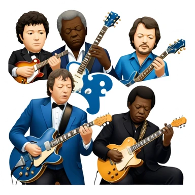 Icon for Blues Music: close-up collage of legendary blues artists. Gary Moore, Eric Clapton, B.B. King and Joe Cocker. Represented by silhouettes or symbolic items like guitars, microphones, or music notes, reflecting the soulful energy of blues music. Transparent background. sticker