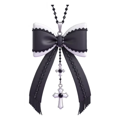3D emoji gothic bow, white satin, silver cross charm, black lace trim, black gemstone, black chain fringe sticker