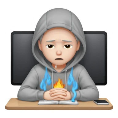 A person wearing a hoodie experiencing burnout, exhausted and overwhelmed, tired eyes, slumped posture, sitting at a desk, iOS emoji style sticker