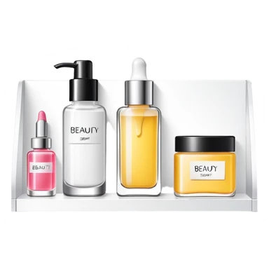 big long white shelf with one serum bottle labeled beauty brand and big sticky note sticker