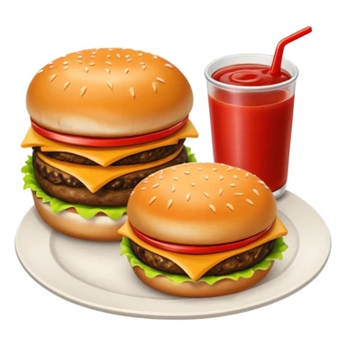 i want a Cheeseburger and Fries with a angle to 15–20° gentle bird’s-eye angle with 2 sauce round plate one is white and other is red with some fries thicker like mcdonald's sticker