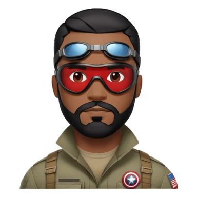 sam wilson have a short, neatly cropped black hair. It is evenly trimmed and close to the scalp, maintaining a clean and military-inspired and  a well-groomed beard that connects to his mustache,  wear sleek, red-tinted tactical goggles fit snugly from captain america: civil war sticker