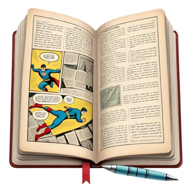 Create a detailed emoji representing the process of writing texts for comic books. The design should feature a large, open comic book with vintage comic strips visible on its pages. A pen should be shown writing text on one of the comic panels, but without a hand. The pencil should appear as though it is actively creating the dialogue or narration. Use a classic color palette with muted tones for the comic book and brighter accents on the pencil to draw attention to the writing process. Do not include any emojis or smiley faces. Make the background transparent. sticker