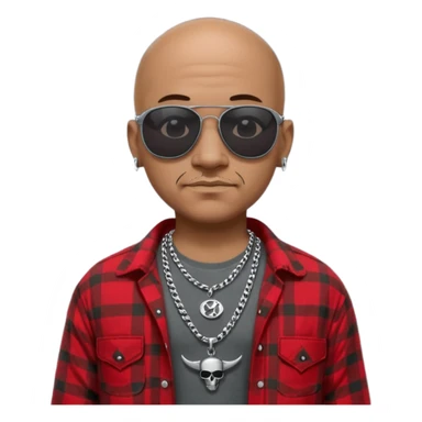 bald mexican cholo with black oakley sunglasses a silver necklace witth h engraved on emblem and flannel shirt sticker