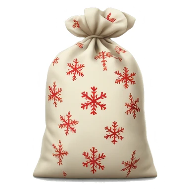 Generate an emoji of a Christmas-themed cloth bag, tied with a string, decorated with festive elements like snowflakes or holly, and ready to hold gifts—no money or currency symbols. sticker